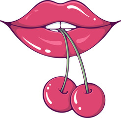 Red girl lips with cherries. Sexy female mouth with lipstick, gloss makeup. Vector illustration in hand drawn cartoon style isolated on white. Cute groovy lips love design