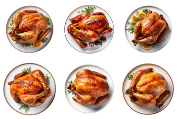 Set of Roasted turkey on the plate isolated on top view transparent background