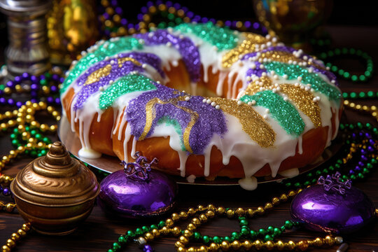 A close up of a king cake on a plate with  Mardi Gras beads, depicts a detailed image of a decorated cake. Suitable for bakery promotions, dessert menus, and food-related designs.