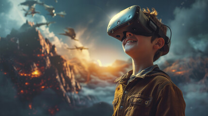 Young boy VR gaming with VR headset in a virtual scene with flying dinosaurs and dragons
