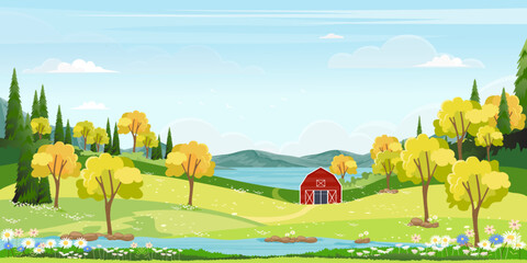 Panorama landscape of spring village with green meadow on hills with blue sky, Vector Summer or Spring landscape, Panoramic countryside of green field with wood barn and grass flowers