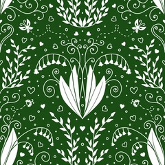Seamless pattern of spring plants, flowers and insects on green background. For wallpapers, wrapping paper, fabric, textile, notebook covers, book flyleaves etc.