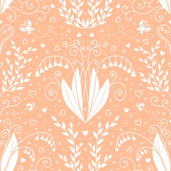 Seamless pattern of spring plants, flowers and insects on peach fuzz background. For wallpapers, wrapping paper, fabric, textile, notebook covers, book flyleaves etc.