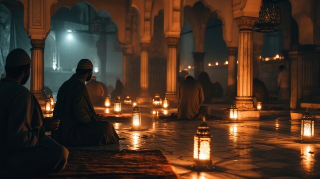 Religious muslim people praying in the mosque. Salah, worship and pray with islamic friends