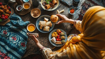 Muslim Woman eating iftar in Ramadan. Celebration Ramadan.