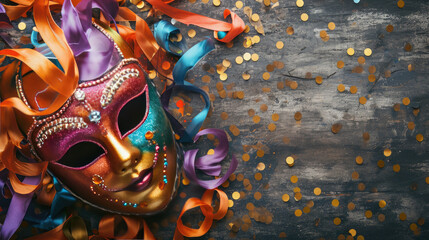 Carnival mask and feathers on blue background is a vibrant image suitable for carnival posters, party invitations, and Mardi Gras-themed designs. It adds a festive, playful touch to any project.