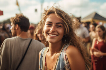 Naklejka premium Young woman enjoys a music festival