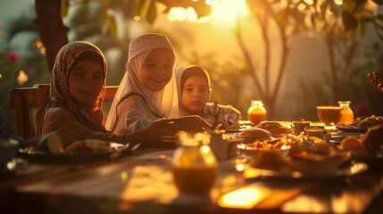Arabian family eating iftar in Ramadan. Break fasting during Ramadan.