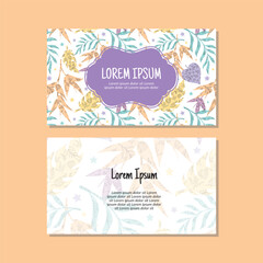 Business card template, leaves seamless pattern vector design. Double-sided creative business card template. Landscape orientation. Vector illustration.