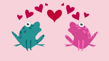 Cute frog vector illustration. Frogs and love elements on pink backgrond forSt. Valentine's Day. Vector illustration in line art and flat style.