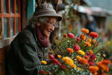 An older person gardening, grinning with contentment while tending to colorful flowers, radiating happiness and fulfillment