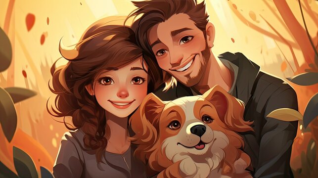 Drawn happy family with a dog on cauch in the house.