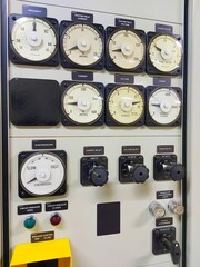 Electrical medium voltage switchgear panel in power plant switchgear room.
