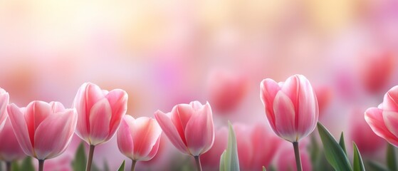 Obraz premium Beautiful pink Tulip on a blurred spring sunny background. bright pink tulip flower background for the spring or love concept. beautiful natural spring scene, texture for design, copy space. banner