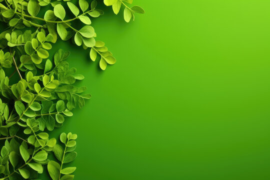 Fresh moringa leaves on green background. Green leaves on a green background. A vibrant, natural image suitable for eco-friendly designs, environmental campaigns, organic products, and nature-themed 