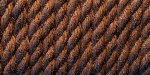 Close up of boat rope. Sea background. Banner.