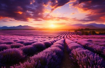Lavender fields in the sun of richly colored skies, impressive panoramas