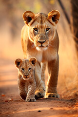 Naklejka premium Lioness with a little lion cub. Selective focus.