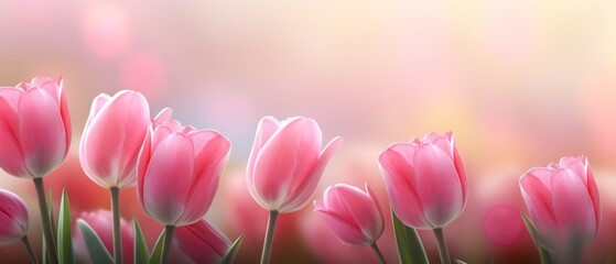 Obraz premium Beautiful pink Tulip on a blurred spring sunny background. bright pink tulip flower background for the spring or love concept. beautiful natural spring scene, texture for design, copy space. banner
