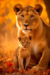 Lioness with a little lion cub. Selective focus.