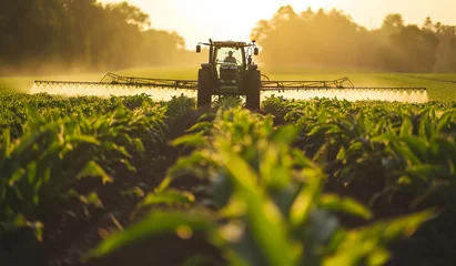 Keuken spatwand met foto A tractor in a corn field with a sprayer spraying the crops. Generative AI © RIGEL