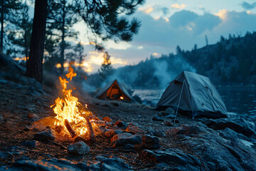 Camping Adventure: Tents, Campfire, and Outdoor Exploration in the Wilderness forest