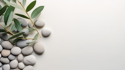 Obraz na płótnie Canvas A branch of olive leaves and stones on a white background. This versatile asset is suitable for various designs like wellness and spa, nature and environment, and Mediterranean-inspired themes. 