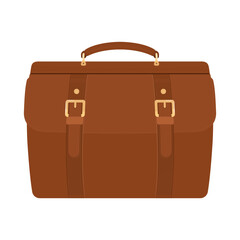 Leather Brown Suitcase, Belts and Handle. Briefcase Icon Close Up Isolated on white Background. Vacation and Travel Concept. vintage bag. Vector flat icon. front view