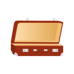 Open Retro Leather Suitcase in different angles. Bag With Metal Corners, Belts and Handle, Isolated on White Background. Vacation and Travel Concept. Front view. Vector flat design