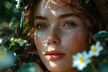 Closeup portrait of young lady between green tree branches in spring time garden