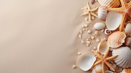 Fototapeta na wymiar Shells and starfishes on the beach sand. Suitable for vacation posters, travel brochures, beach-themed designs, and nature illustrations. Bring a serene coastal vibe to your project.