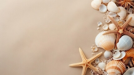 Shells and starfishes on the beach sand. Suitable for vacation posters, travel brochures, beach-themed designs, and nature illustrations. Bring a serene coastal vibe to your project.