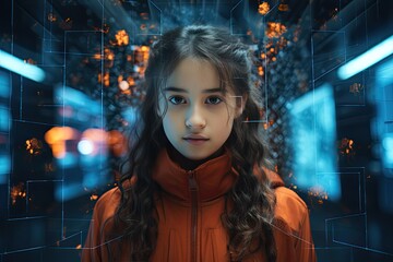 Young girl in front of video surveillance technological symmetry.