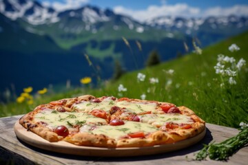 Mountain Picnic with Pizza with copy space, background wallpaper