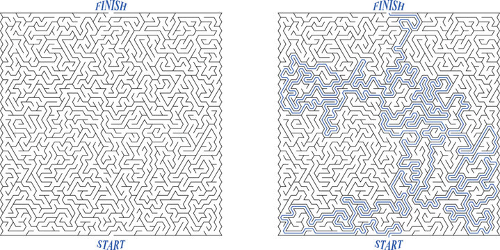 Huge square labyrinth with triangular cell. Maze of high complexity with solution. Black and white complex riddle with very high level of difficulty. Nice brainstorm puzzle