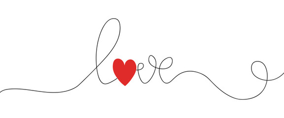 Love word continuous one line drawing. Red heart. For wedding, Valentine's Day card. Linear style. Lettering. Calligraphy. Valentine's Day, wedding, love, couple. Doodle. Vector illustration.