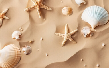 Fototapeta na wymiar Shells and starfishes on the beach sand. Suitable for vacation posters, travel brochures, beach-themed designs, and nature illustrations. Bring a serene coastal vibe to your project.