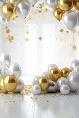 Fototapeta na wymiar Happy birthday. Air balloons, foil silver and gold balloons