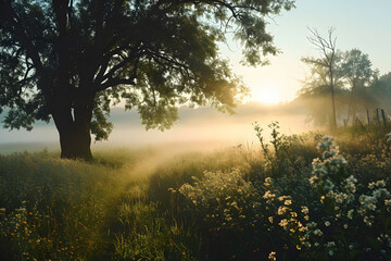 Morning mist in nature in spring time ai generated art. 