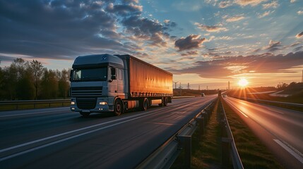 A truck with a trailer is driving on the highway