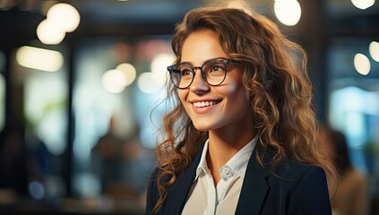 Business woman smiles while looking in her glasses