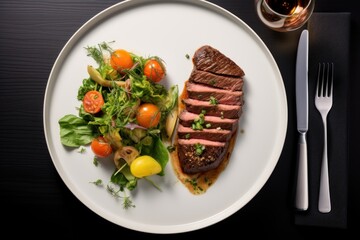  a white plate topped with a piece of meat next to a salad and a glass of wine on top of a table.