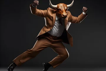 Fototapeten dancing bull in a suit on isolated background, Generative AI © dobok
