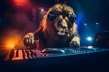 Fotobehang lion DJ with mixer in a night club, Generative AI © dobok