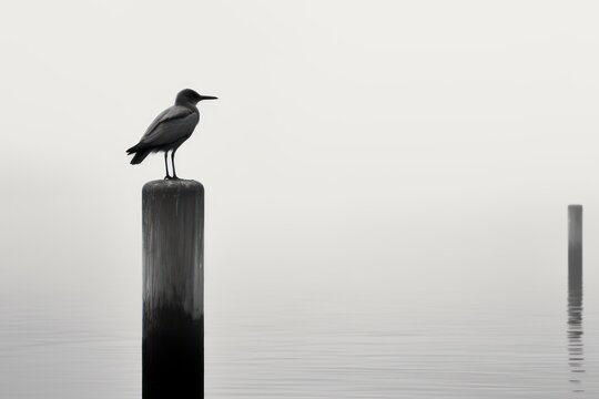  a black and white photo of a bird sitting on a pole in the middle of a body of water on a foggy day.