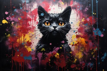  a painting of a black cat on a black background with red, yellow, and blue paint splatters.
