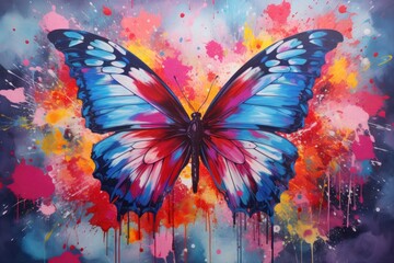  a painting of a blue butterfly with multicolored paint splatters on it's wings and wings. - obrazy, fototapety, plakaty