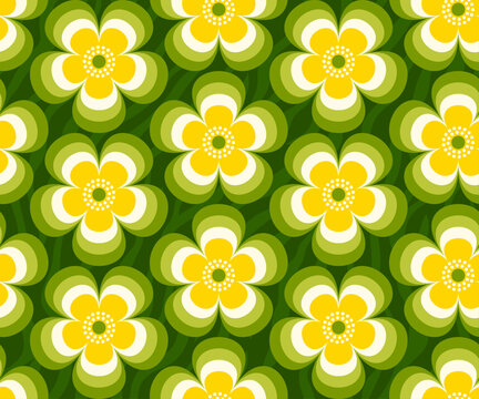 Retro floral, Mid Century modern flowers in yellow, green colors, 1970s mod style, seamless vector pattern