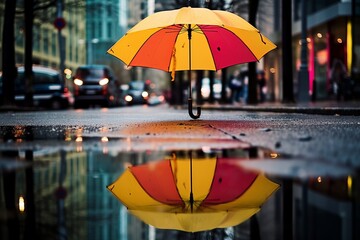 Umbrella reflecting on city streets after rain