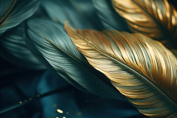  a close up of a gold leaf on a blue surface with gold flakes on the edges of the leaves.